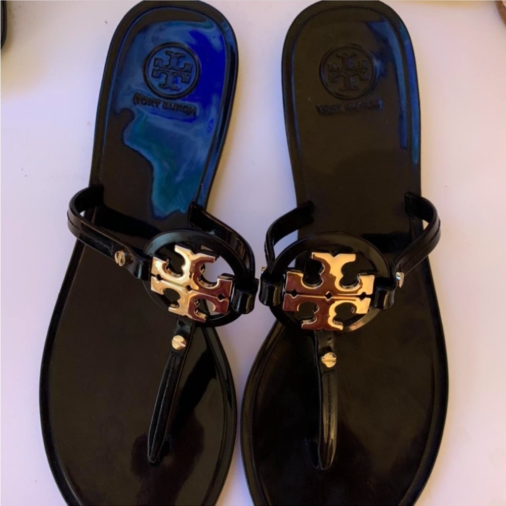 Tory Burch Black Sandals with Gold Emblem
